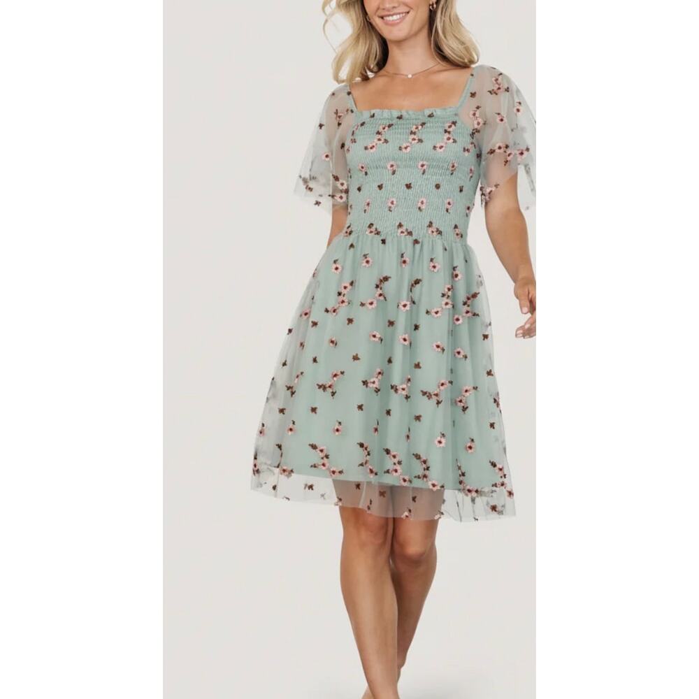Baltic Born Tivoli Tulle Short Dress Mint Green Floral Small Sage A Line